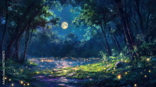 A serene night scene featuring a glowing moon over a tranquil forest clearing, illuminated by soft lights reflecting on a calm water surface.