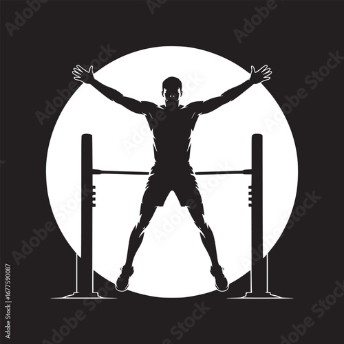 Silhouette of a man doing jumping jacks in front of a pull up bar against a bright white circle