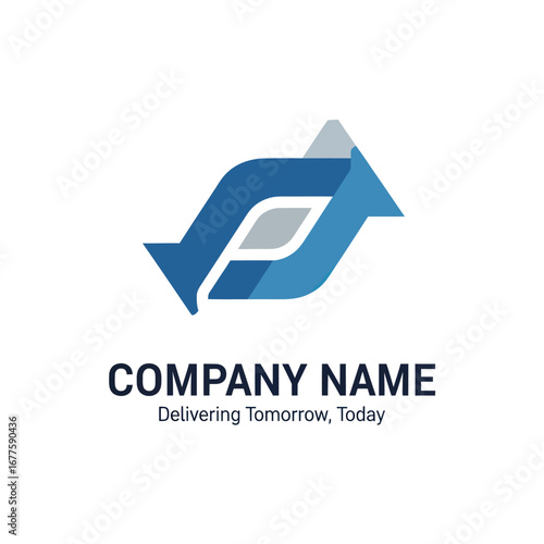 A modern corporate logo featuring two blue arrows forming an abstract shape, with the text 'Company Name' and the tagline 'Delivering Tomorrow, Today'.