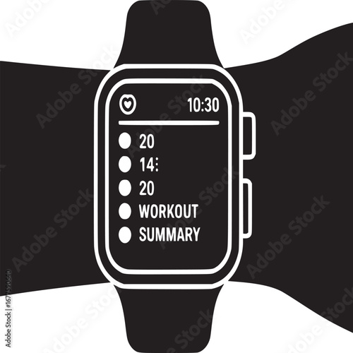 A black and white image of a smartwatch displaying a workout summary on a patterned background design