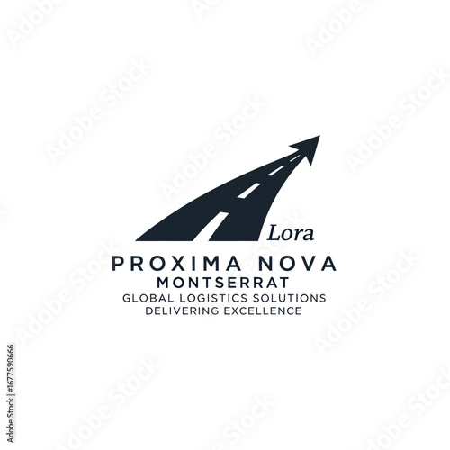 Proxima Nova Montserrat logo featuring a road with an upward arrow, representing global logistics solutions.