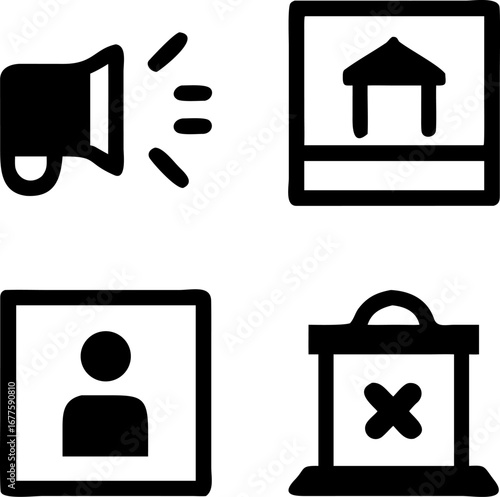 Essential marketing icons for business growth, featuring megaphone, home, profile and delete options