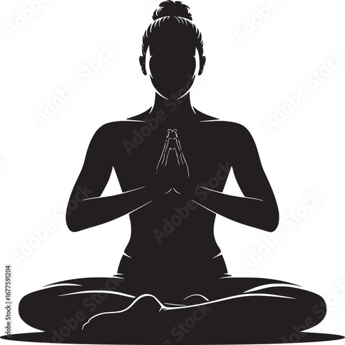 Silhouette of a woman in lotus position with hands in prayer pose against a white background image