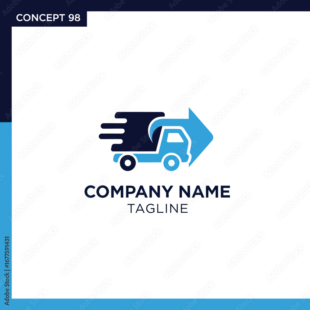 Fototapeta premium Modern logistics company logo concept featuring a fast-moving truck integrated with a forward-pointing arrow, symbolizing speed and delivery.