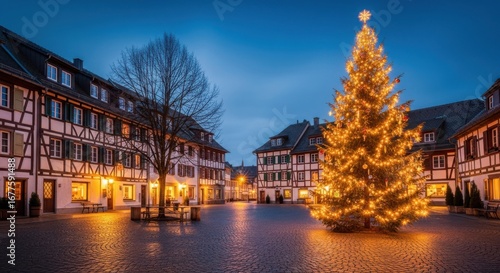 Festive Christmas Tree Lights Up European Town Square at Dusk