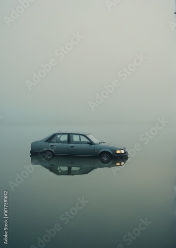Partially Submerged Car in Foggy Water with Mist and Reflections