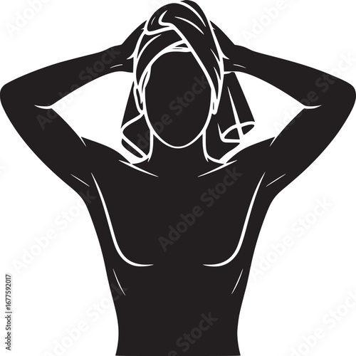Silhouette of a person with a towel on their head and arms raised in a black and white illustration