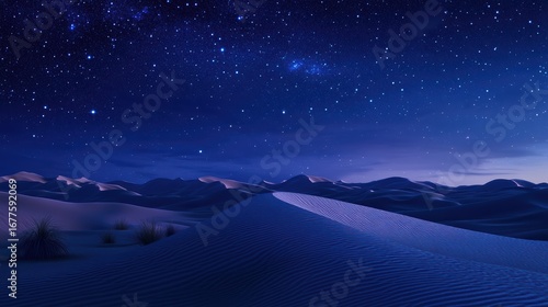 A serene night landscape showcasing a star-filled sky over undulating sand dunes, creating a tranquil and magical atmosphere.