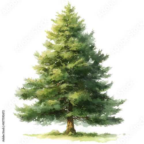 Watercolor style illustration of a fir tree on a transparent background.