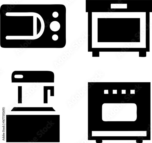 Essential kitchen appliances icons set featuring oven, microwave, water dispenser and range