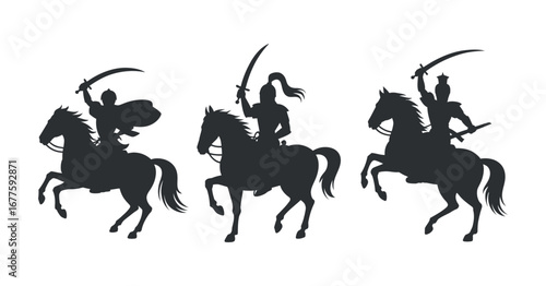 Silhouette Warriors on Horseback Charging with Swords Raised Against Transparent Backdrop Vector Illustration
