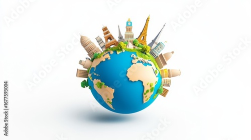 A colorful representation of the Earth with iconic landmarks symbolizing global travel and unity.