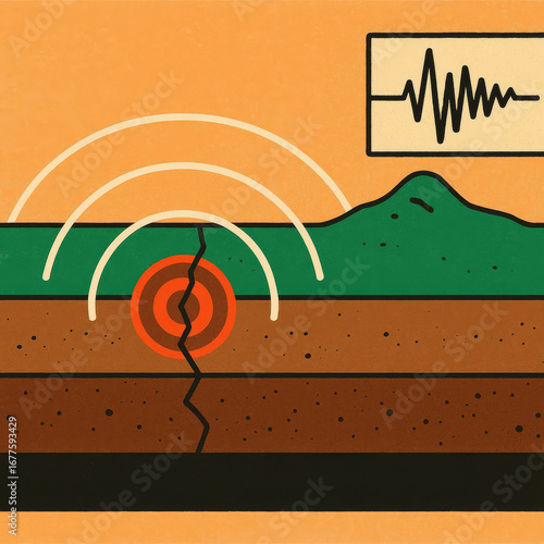 Illustrative diagram of earthquake waves and geological layers  
