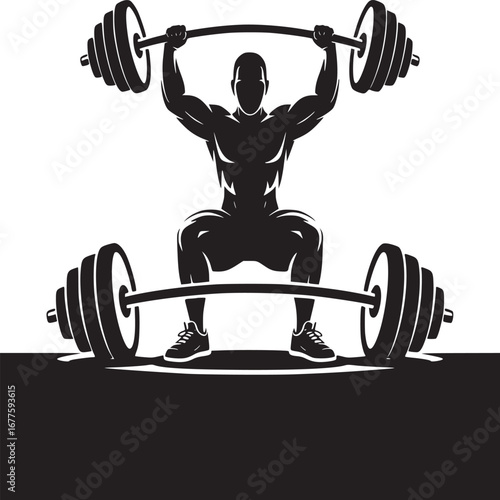 Silhouette of a muscular man squatting with a barbell overhead and another on the floor in black and white