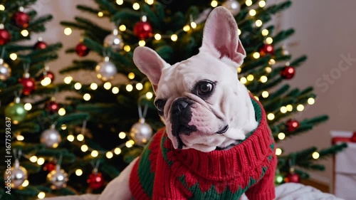 Canine of small breed wearing festive holiday attire posing in front of decorated evergreen tree