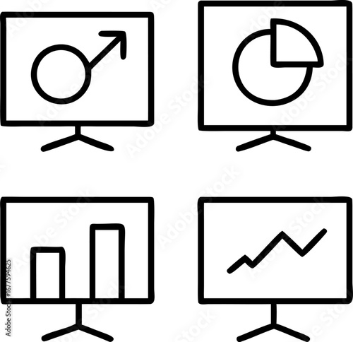 Four different presentation screens showing financial charts and a male gender symbol for business analysis