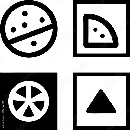 Modern graphic elements including circle, quarter circle, wheel, and upward triangle icons for design projects