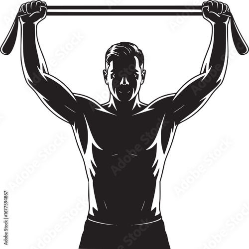A man in silhouette holding a pull up bar above his head in a black and white vector illustration