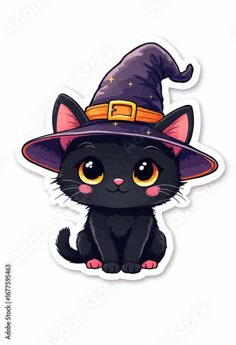 Black kitten with a purple witch hat sitting and smiling in cute cartoon Halloween style