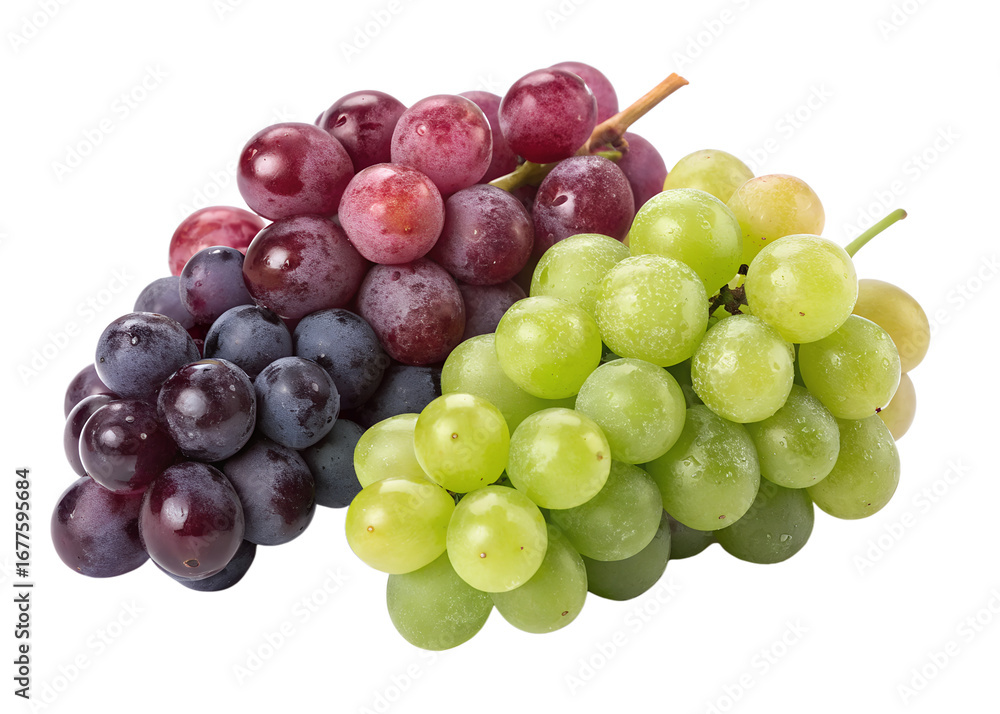 Fototapeta premium Juicy grapes freshly picked, stem attached, photorealistic, white background.