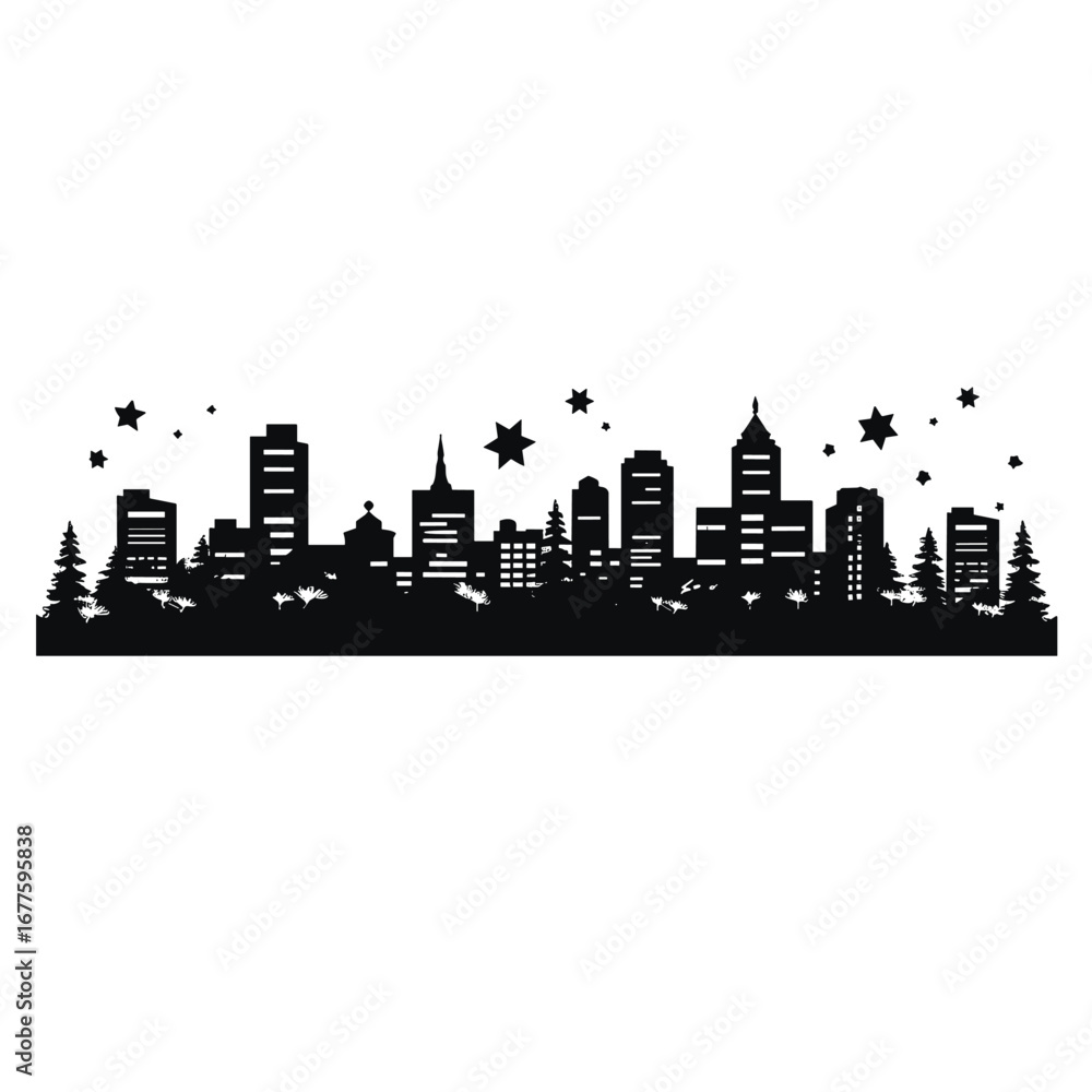 Naklejka premium Black silhouette of a city skyline with stars and trees