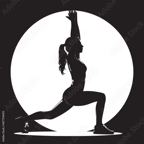 Silhouette of a woman in a lunge pose with arms raised against a white circle background on black