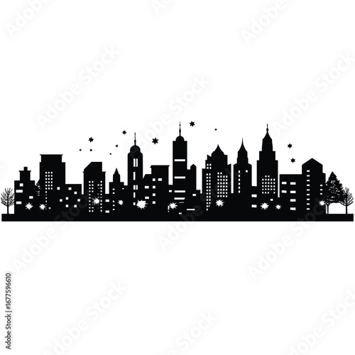 Silhouetted cityscape with scattered lights and trees