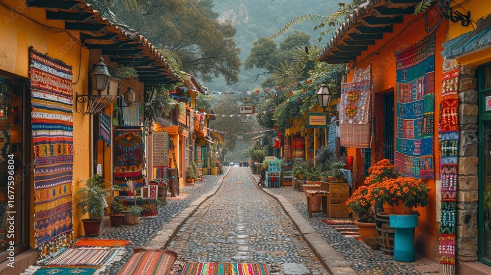 Fototapeta premium Charming Cobblestone Street Lined with Colorful Shops and Market Stalls