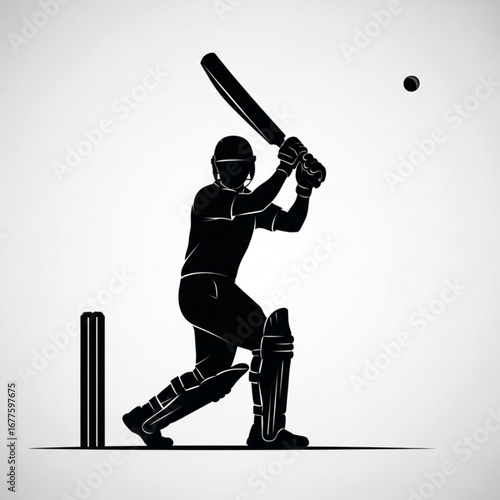 Silhouette of a cricket batsman hitting a ball with a bat