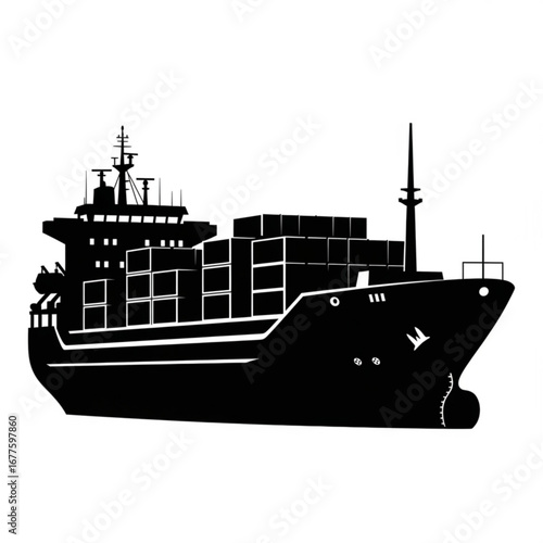 Black silhouette of a large container ship carrying cargo