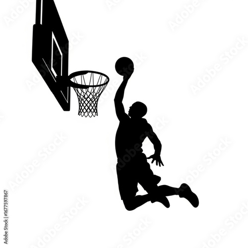 Silhouette of a basketball player dunking the ball into the hoop