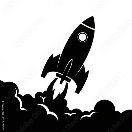 Black and white rocket launching with smoke and flames