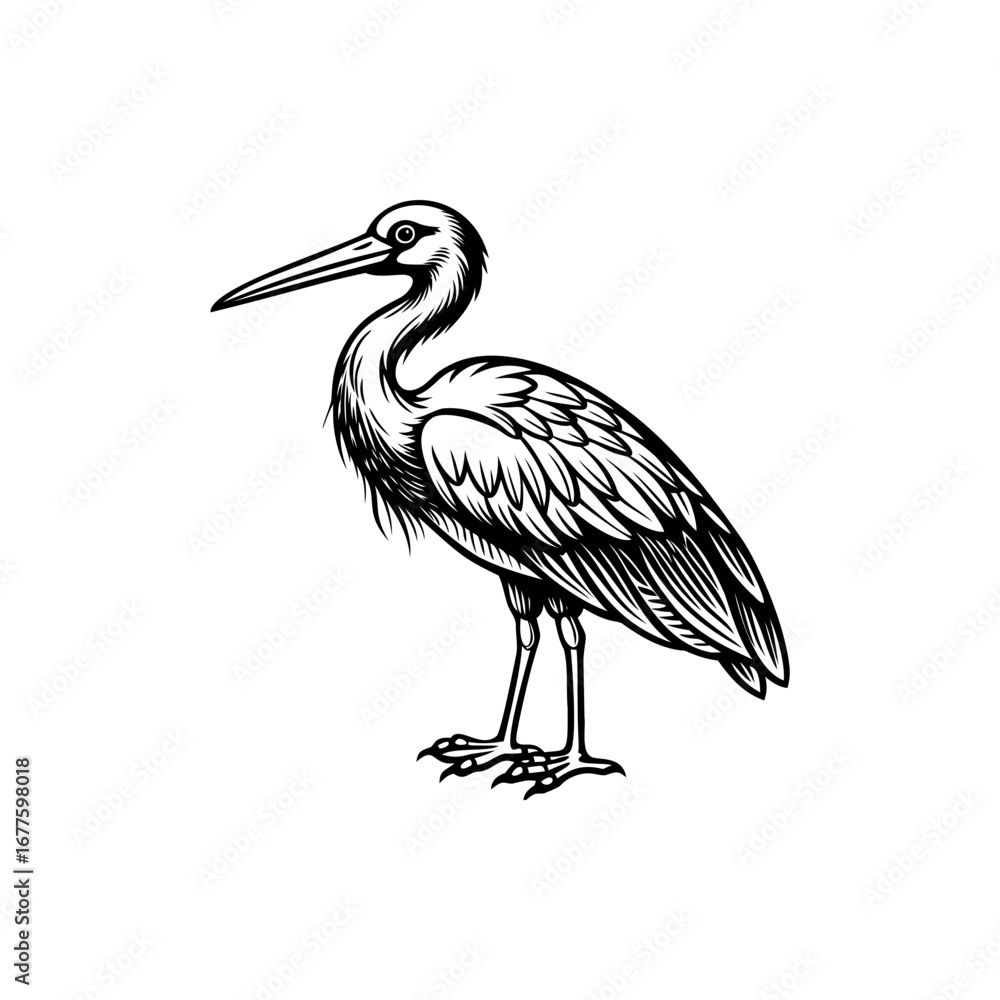 Obraz premium Elegant heron illustration with detailed feathers and sharp contrasts in black and white Silhouette Vector 