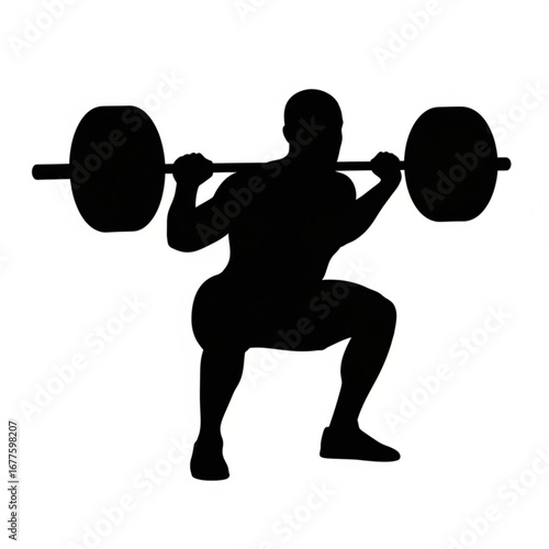 Silhouette of a man performing a barbell squat in a gym