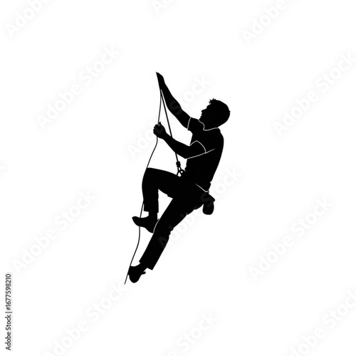Silhouette of a man rock climbing up a rope