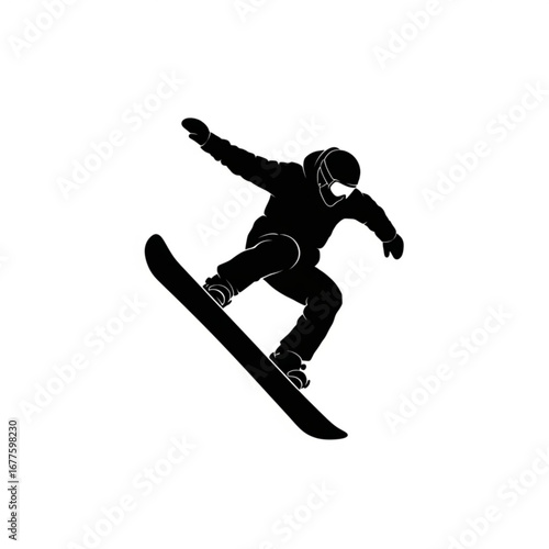 Silhouette of a snowboarder performing a trick against a white background