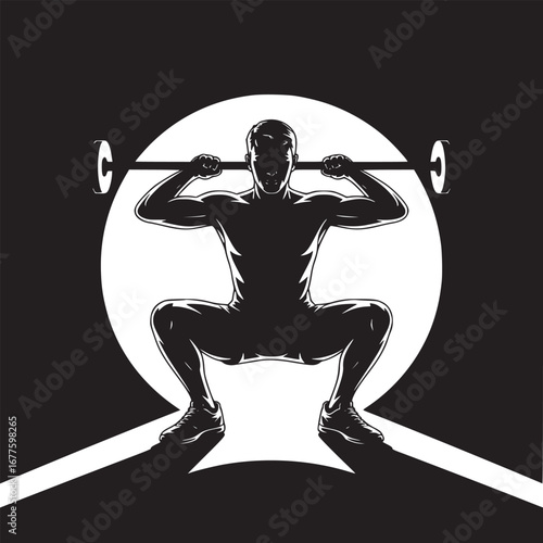Silhouette of a man squatting with a barbell against a white circle on a black background art