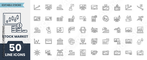 Stock market icon set. Containing bull market, bear market, investment, exchange, growth, stocks, profits, trading and more. Editable stroke. Vector illustration