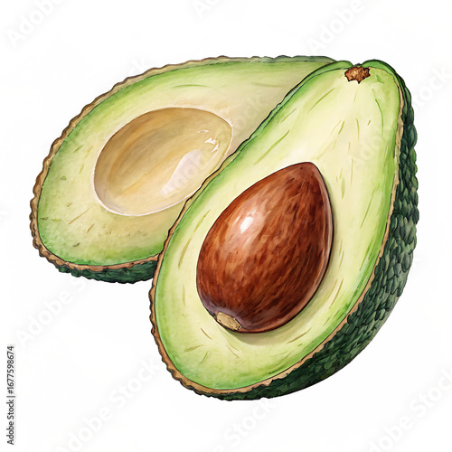 A watercolor illustration of a halved avocado with its seed, isolated on transparent background, showcases the fruits vibrant green color