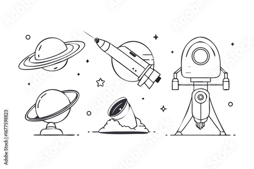 Vector art of space exploration icons of planet, rocket, space ship