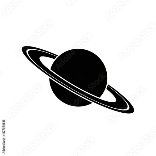 Stylized black silhouette of planet saturn with rings on a white background