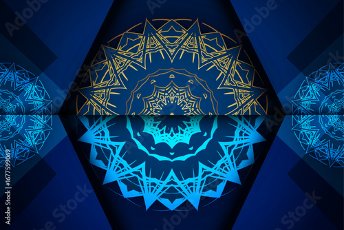Decorative mandala artwork with symmetrical blue and gold intricate patterns central dark blue circle calming design perfect for meditation yoga spaces and modern wall decoration