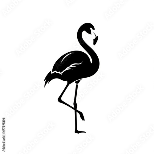 Elegant black silhouette of a flamingo standing on one leg