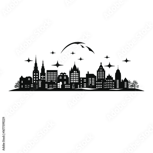 Futuristic cityscape with flying objects and a large moon