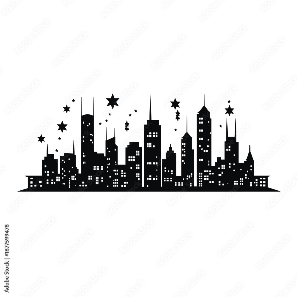 Fototapeta premium Abstract black silhouette of a city skyline with stars