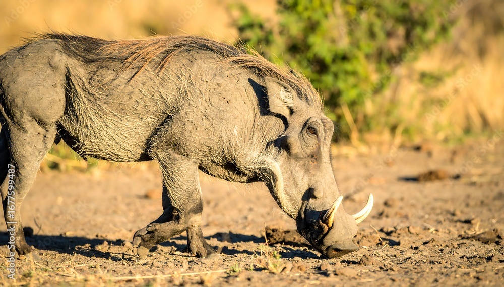 Fototapeta premium Warthog foraging in African savanna