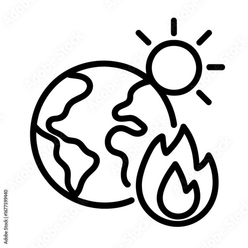 A black and white linear icon depicting the planet Earth, the sun and a flame. Symbolizes the climate crisis, global warming, overheating, climate change and environmental threats. 