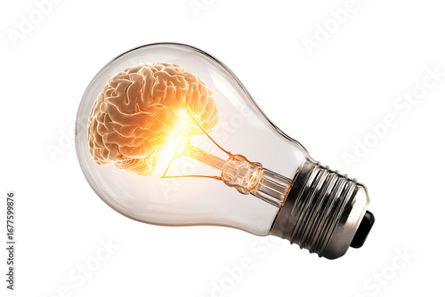 Illuminated brain in lightbulb symbolizing idea, innovation, and creativity.