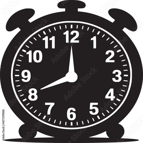 A black and white illustration of a classic alarm clock with the time displayed on the clock face