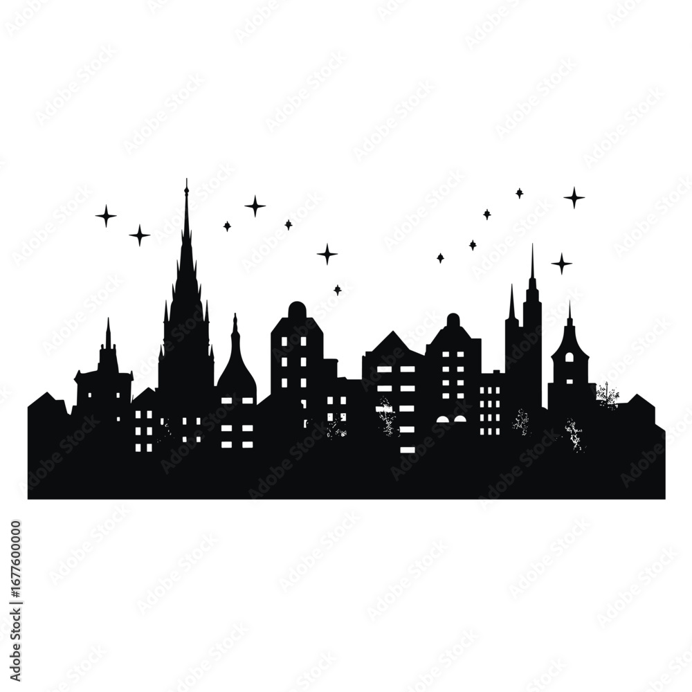 Fototapeta premium Silhouette of a city skyline at night with stars
